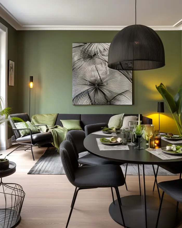 deco salle a manger vert kaki noir