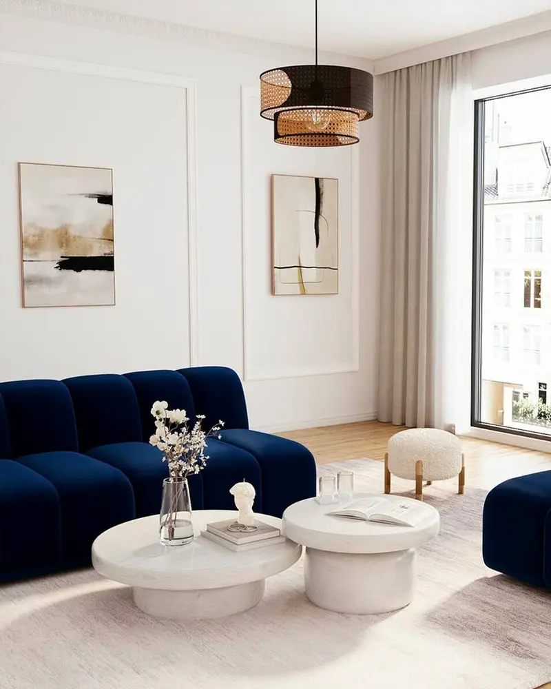 deco salon canape velours bleu