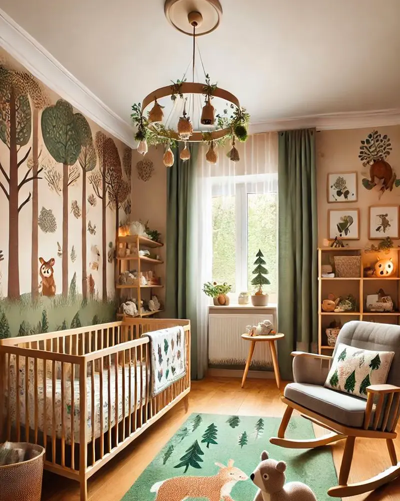 deco chambre bebe cabane bois vert