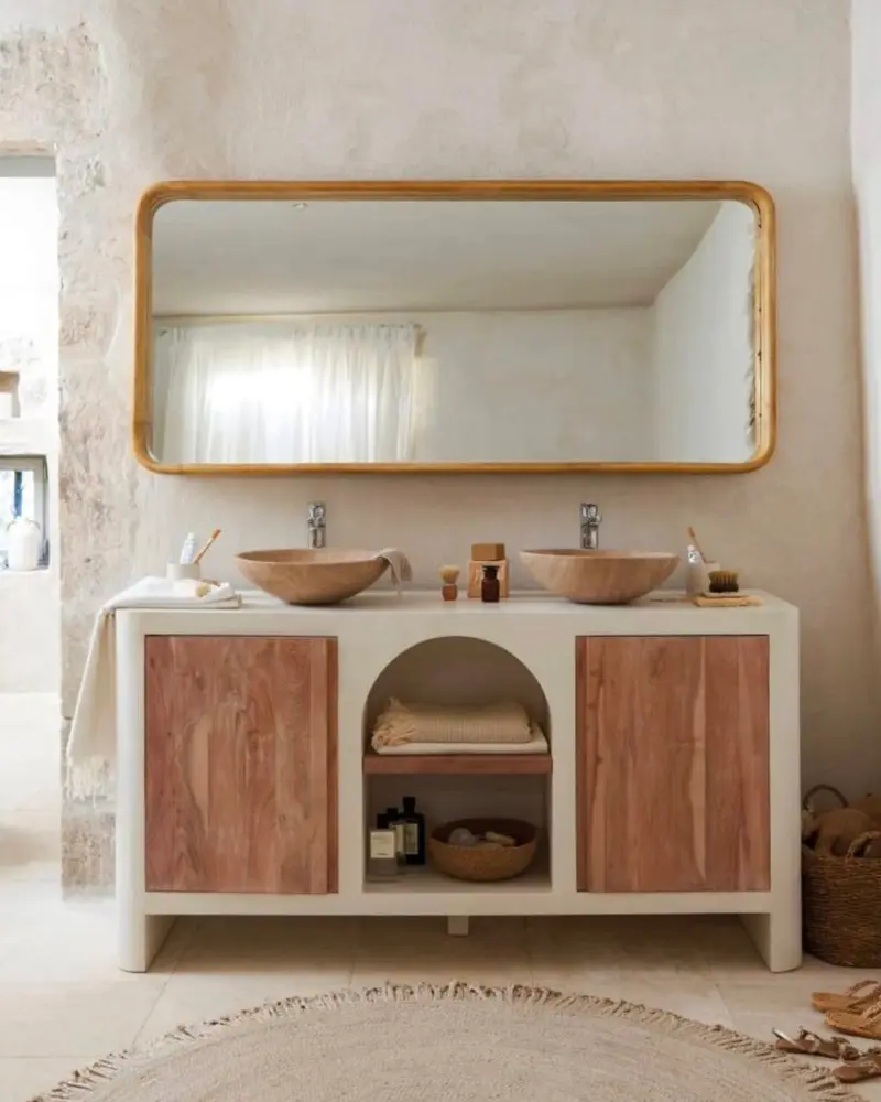 deco salle de bain beton bois rotin