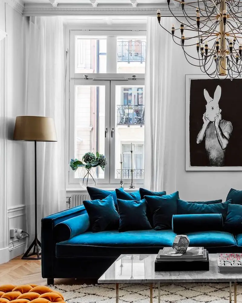 canape velours bleu canard deco salon