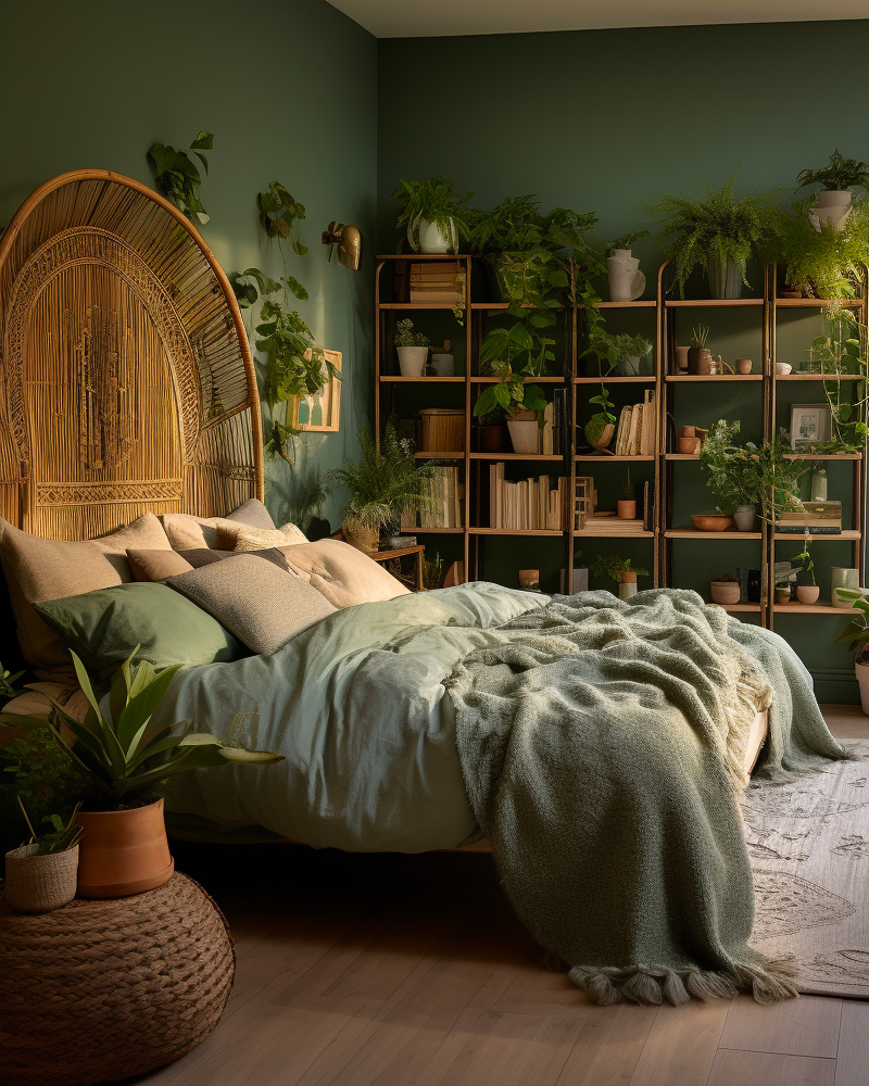 deco chambre végétale vert sauge rotin