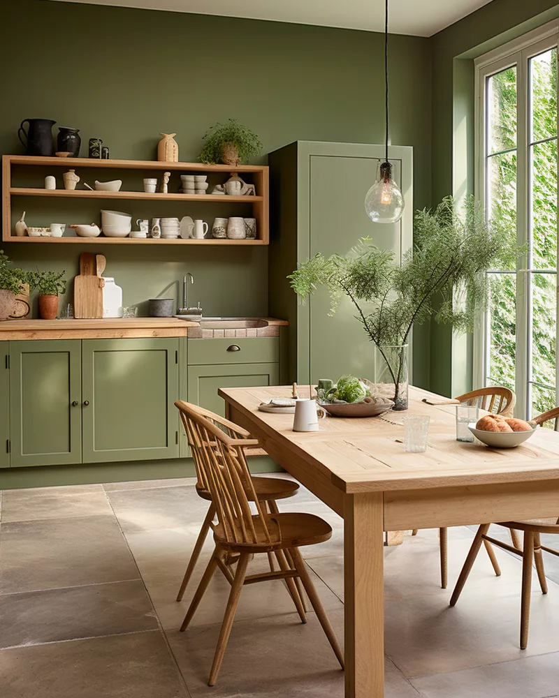 deco salle a manger vert sauge bois