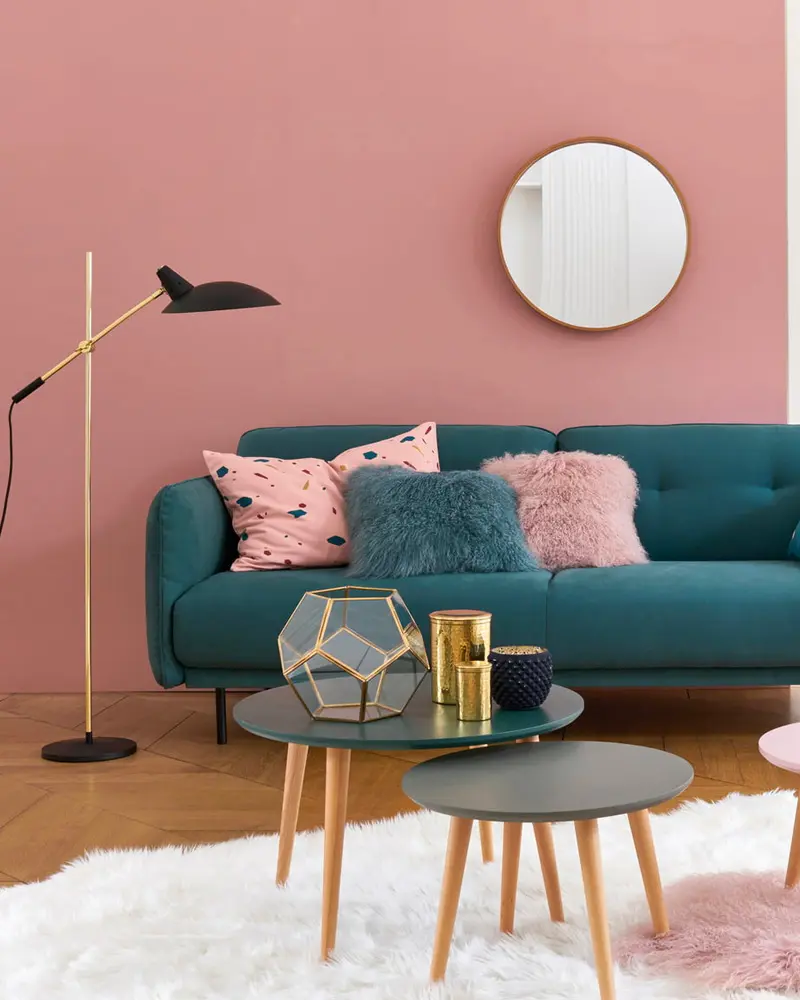 deco salon bleu canard rose