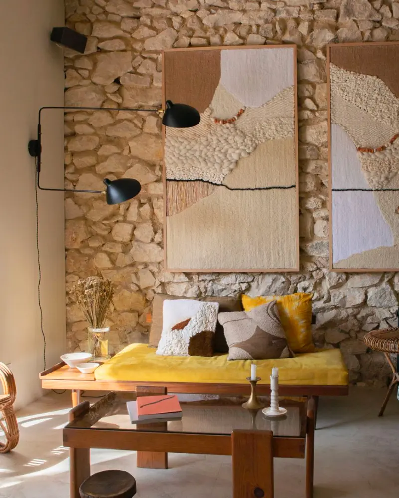 deco salon boheme jaune bois