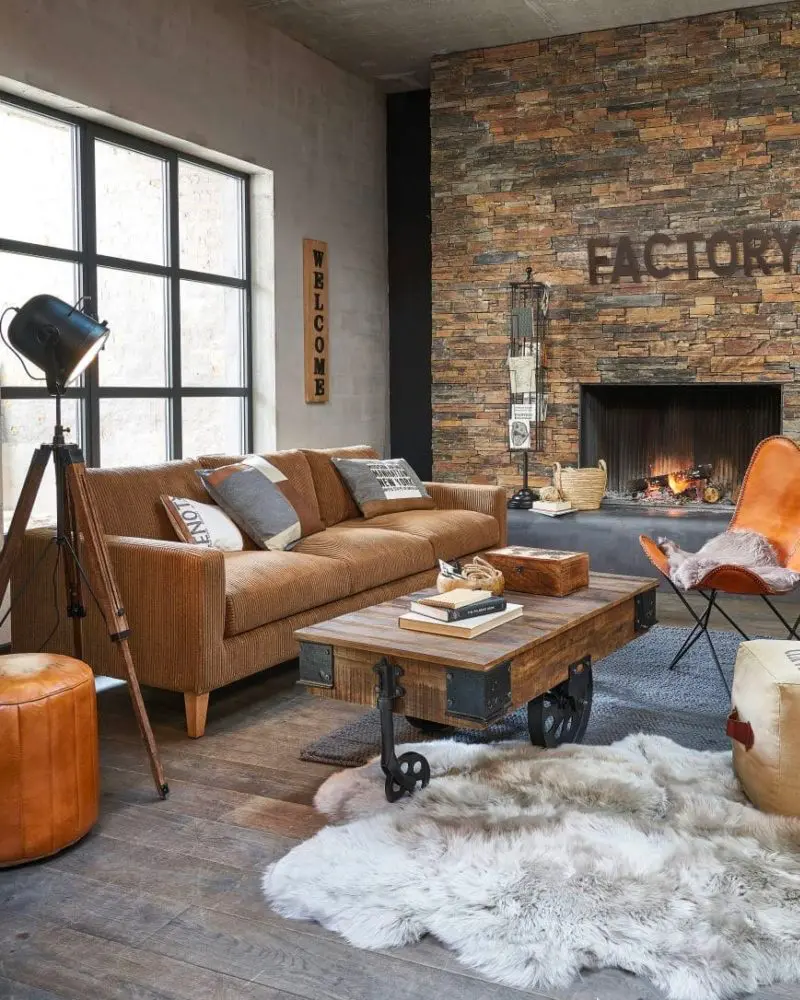 deco salon industriel cuir bois