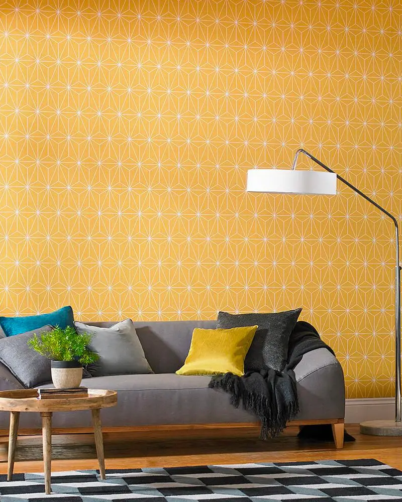 papier peint jaune moutarde deco salon