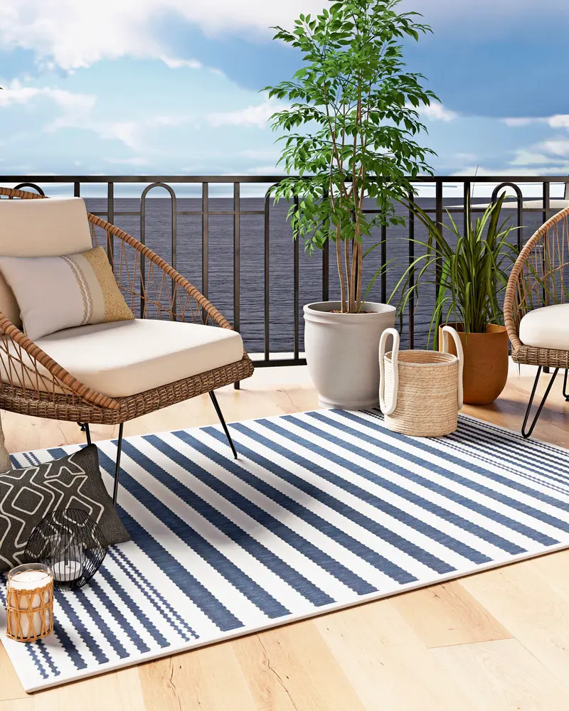 tapis tisse rayures bleu blanc