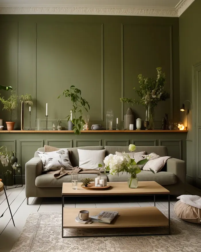 deco vert kaki blanc salon