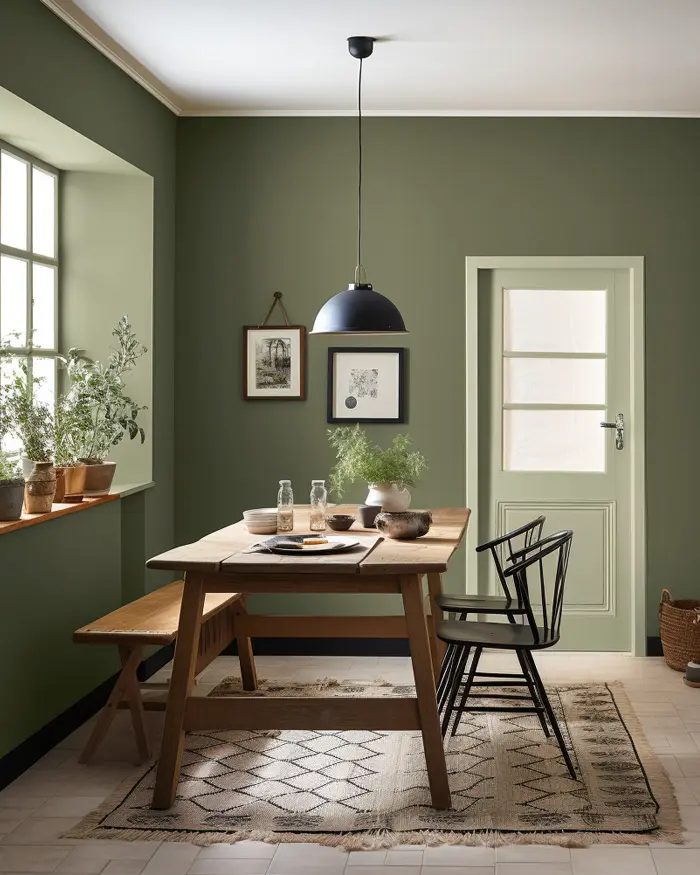 deco salle a manger campagne vert kaki blanc