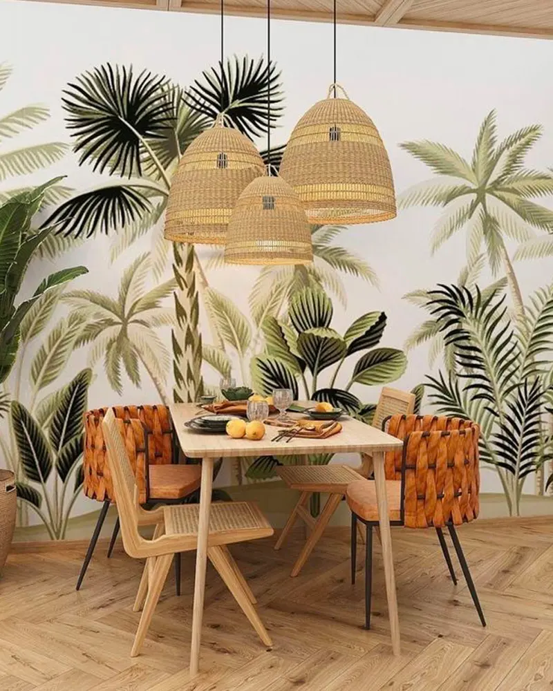 deco salle a manger papier peint tropical