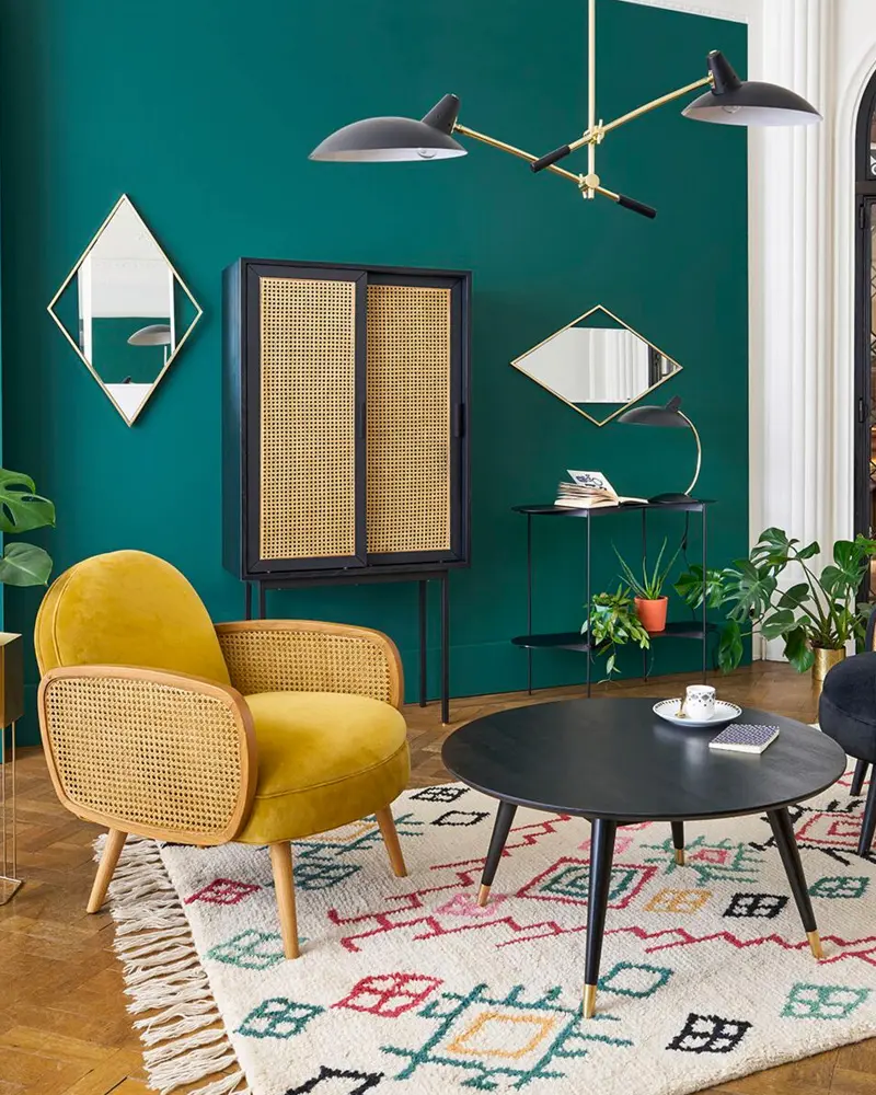 deco salon jaune bleu canard vintage
