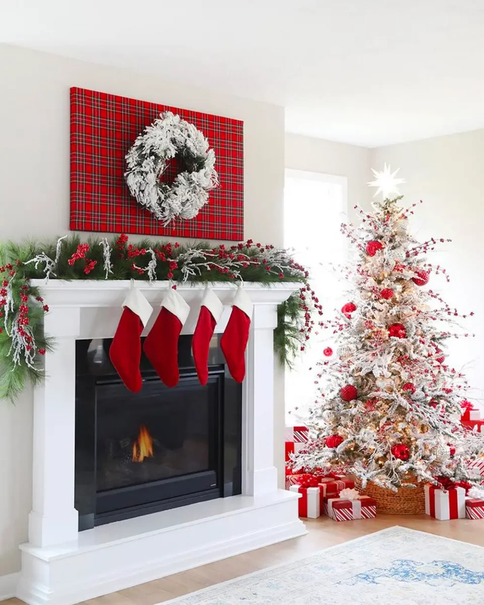 deco cheminee noel rouge blanc