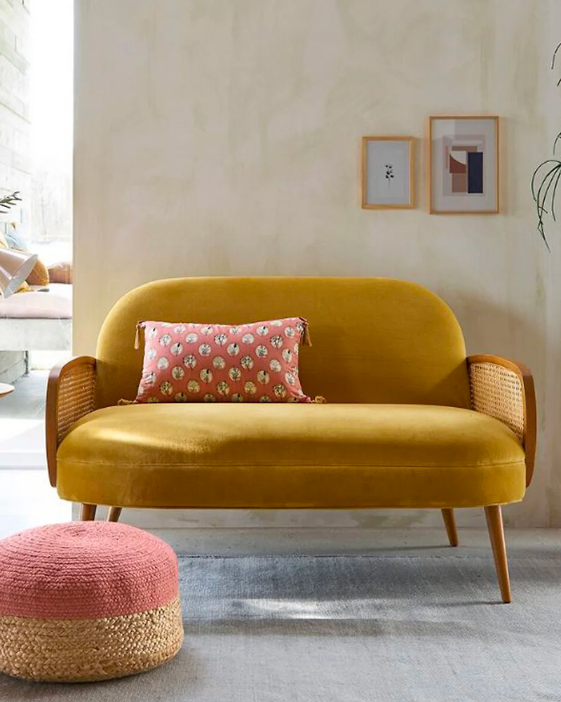 canape velours cannage jaune moutarde