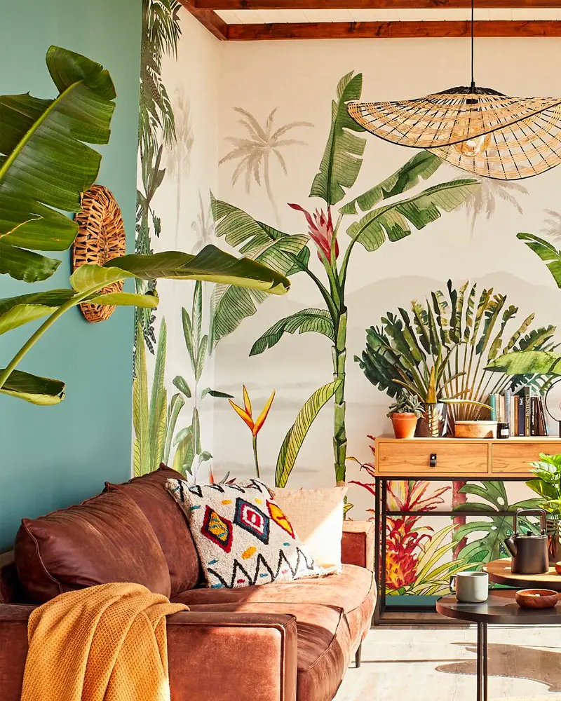 deco salon papier peint tropical