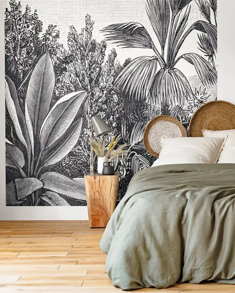 deco chambre tropicale naturelle noir blanc
