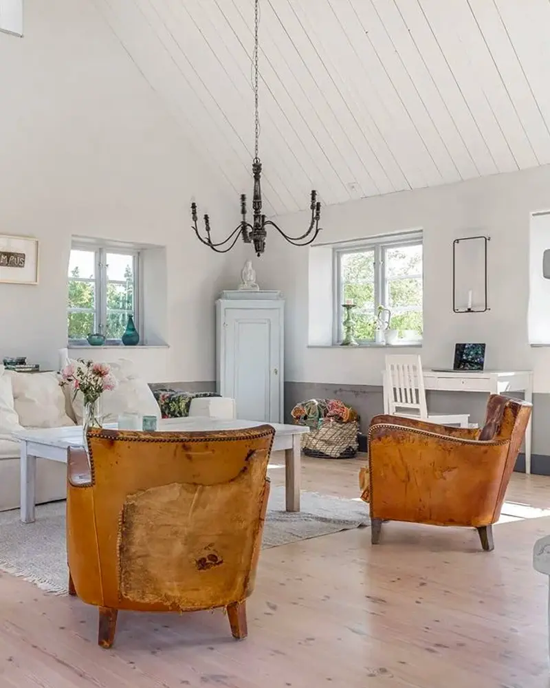 deco salon campagne blanc cuir vieilli