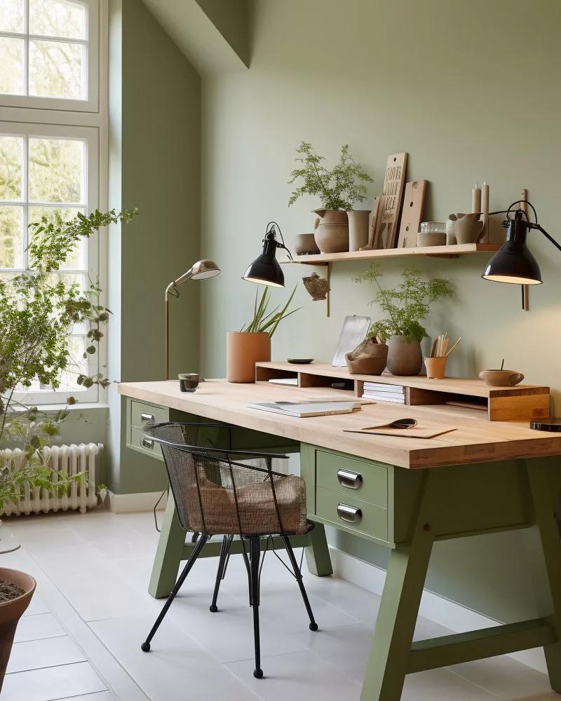 deco bureau vert sauge bois