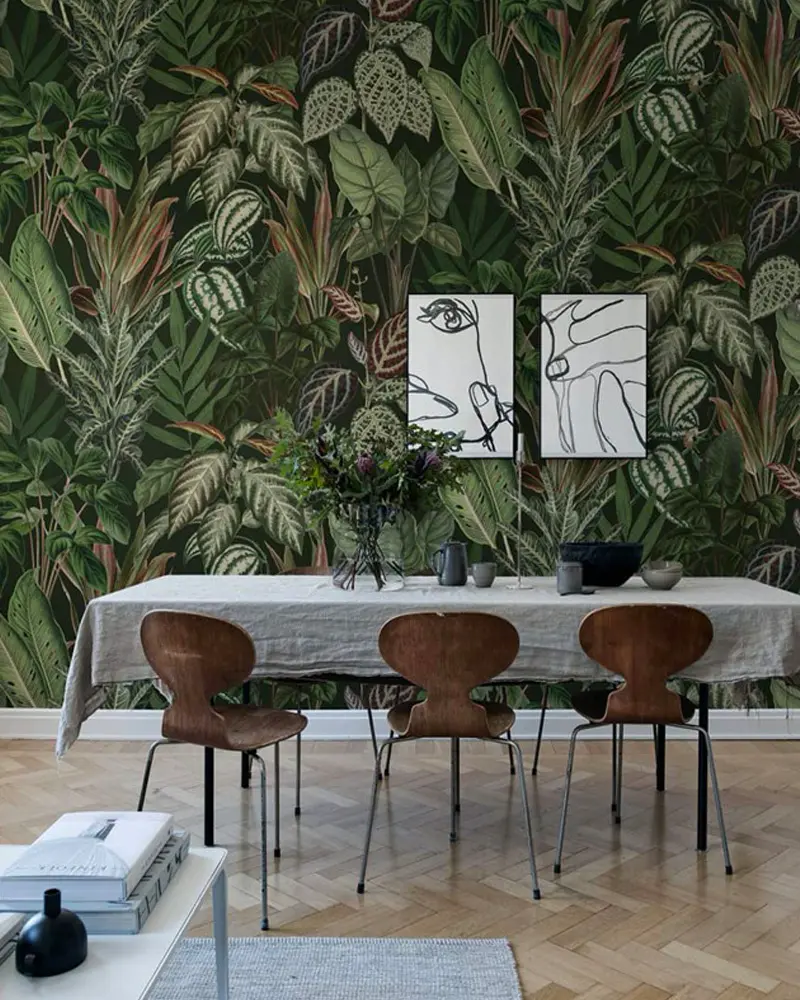 deco salle a manger moderne papier peint tropical