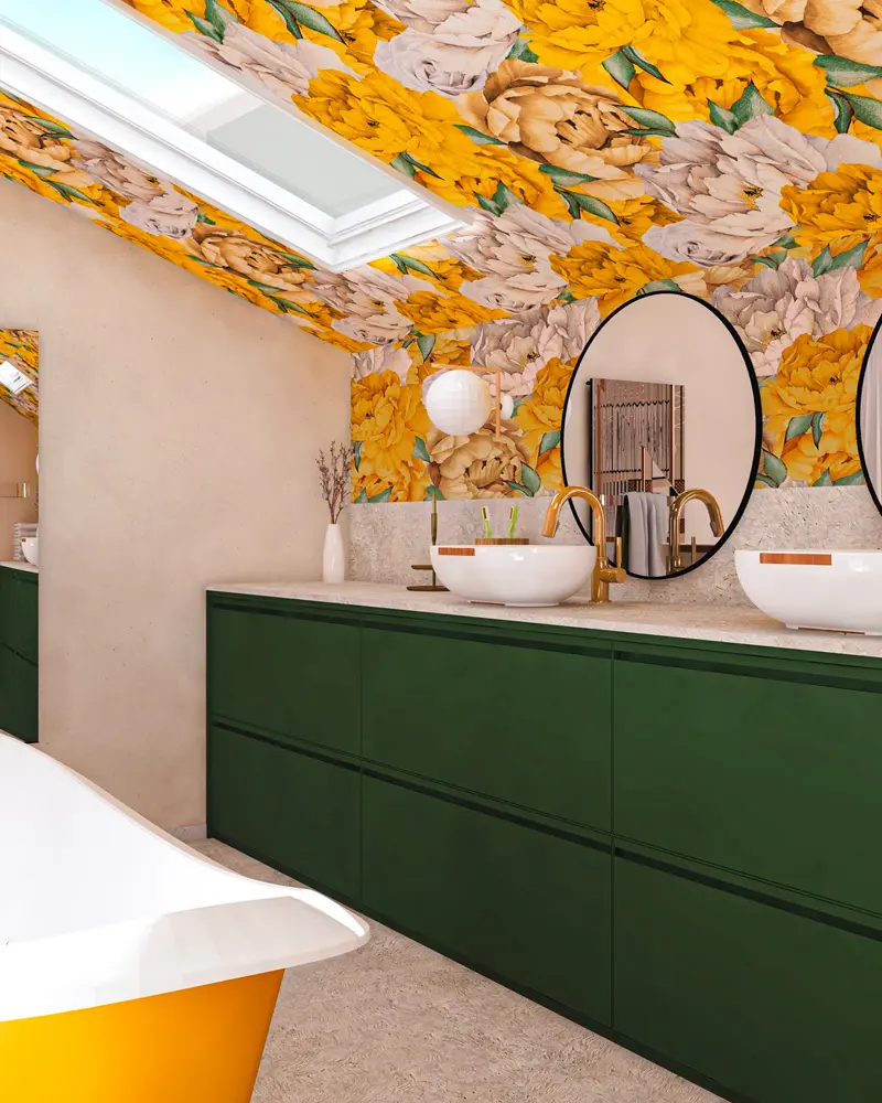papier peint jaune moutarde deco salle de bain