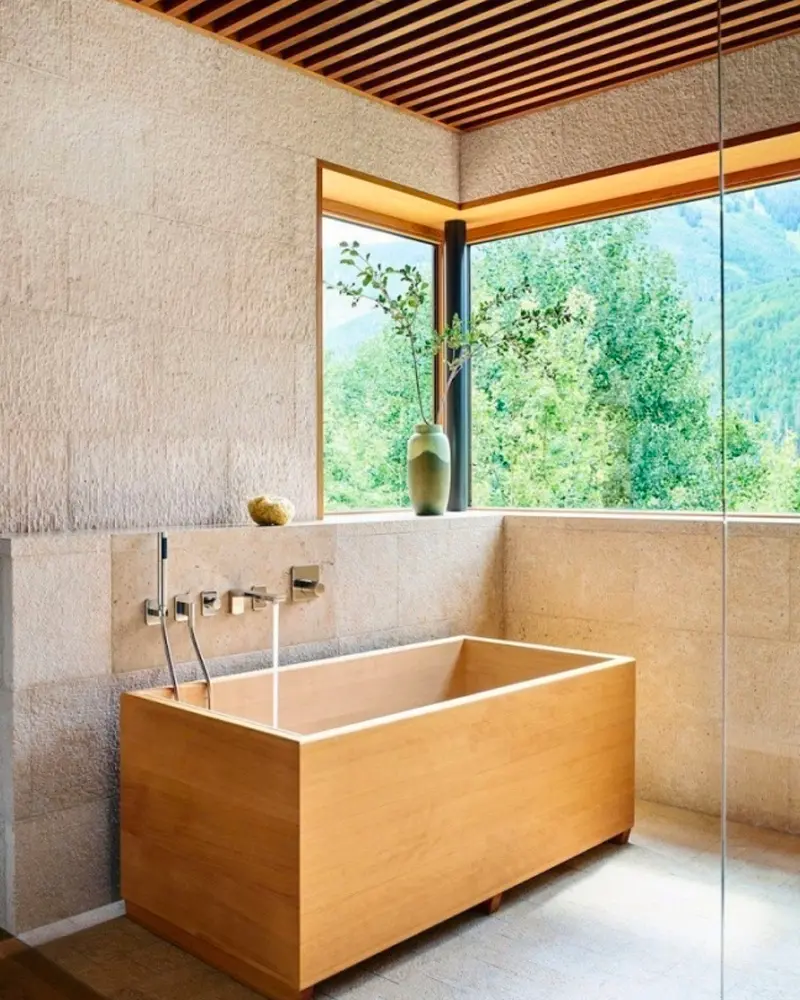 deco salle de bain minimaliste zen baignoire bois