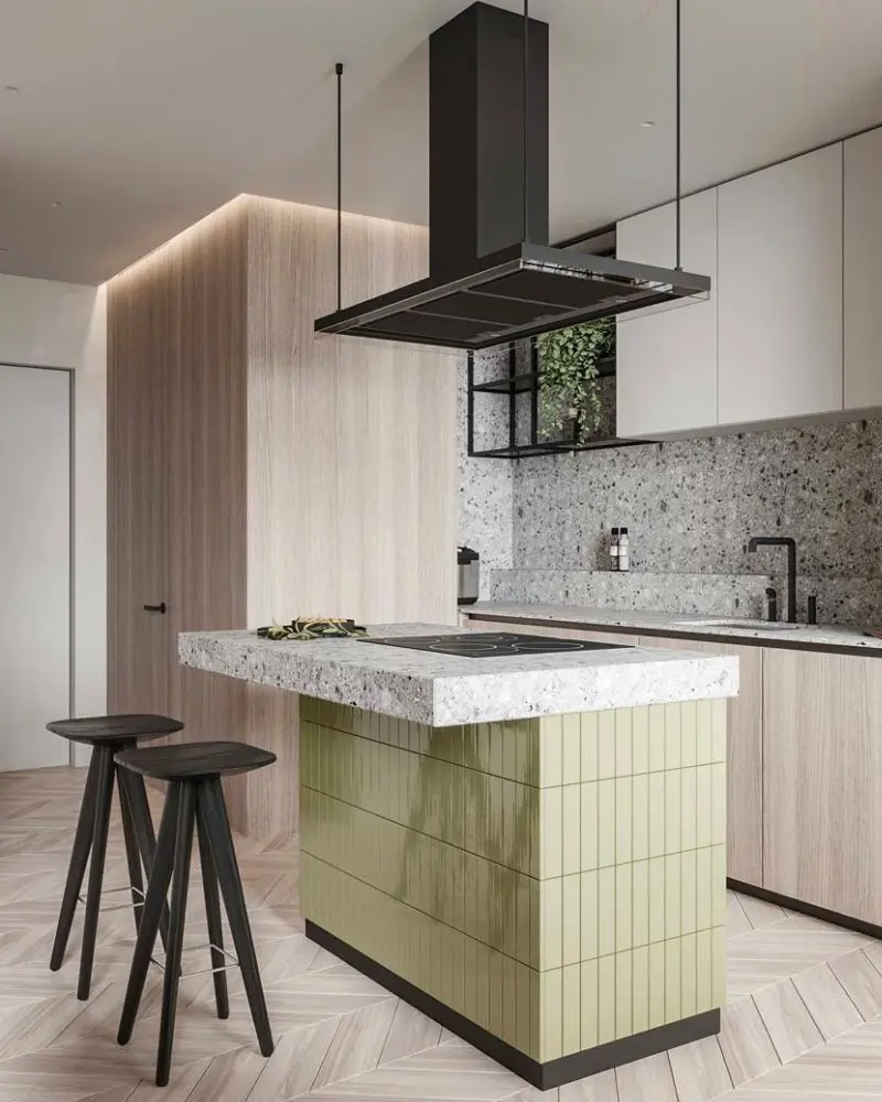 ilot cuisine carrelage zellige vert