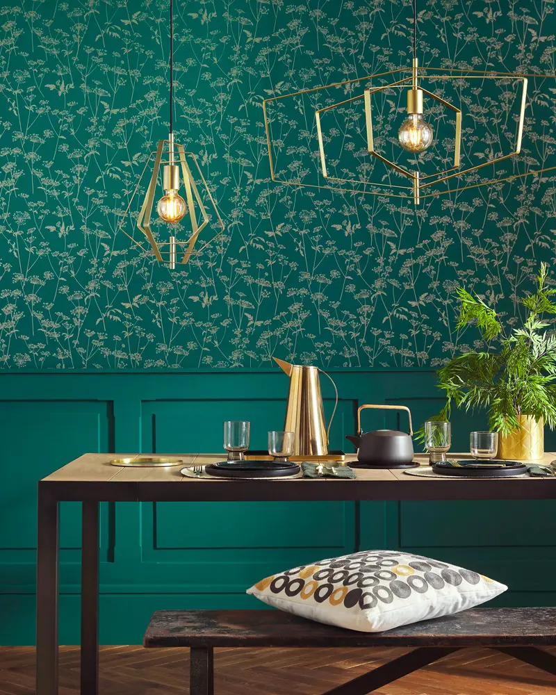 deco salle a manger tropicale chic vert dore