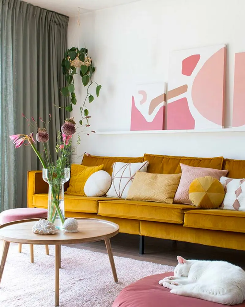 deco salon nature jaune rose