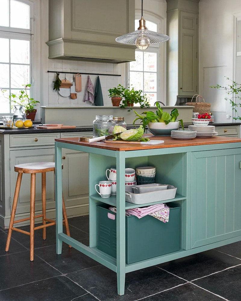 ilot cuisine pin vert sauge