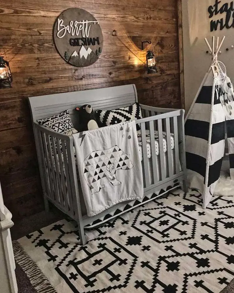 deco chambre bebe cabane bois gris