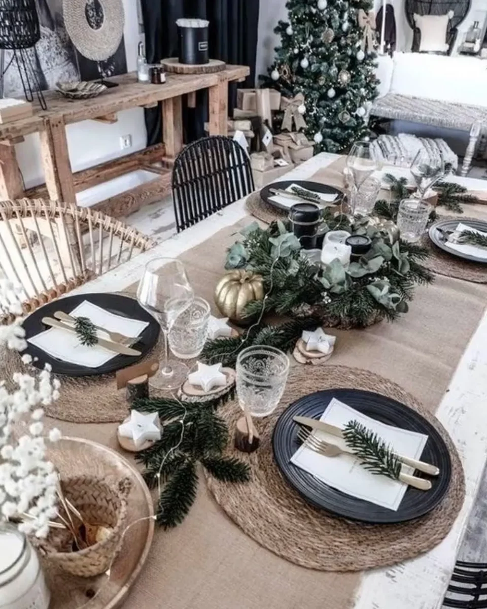 deco table noel noir matieres naturelles