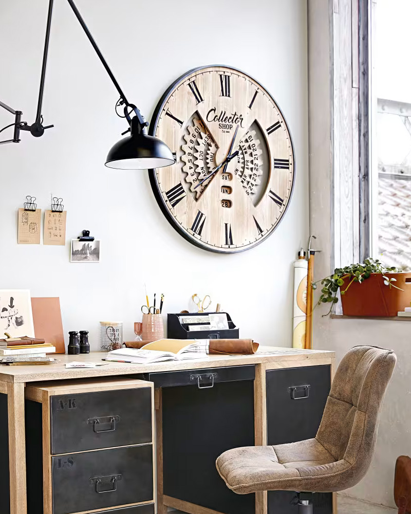 horloge industrielle metal bois
