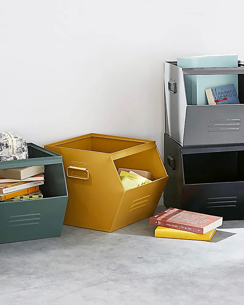 caisse rangement metal jaune moutarde