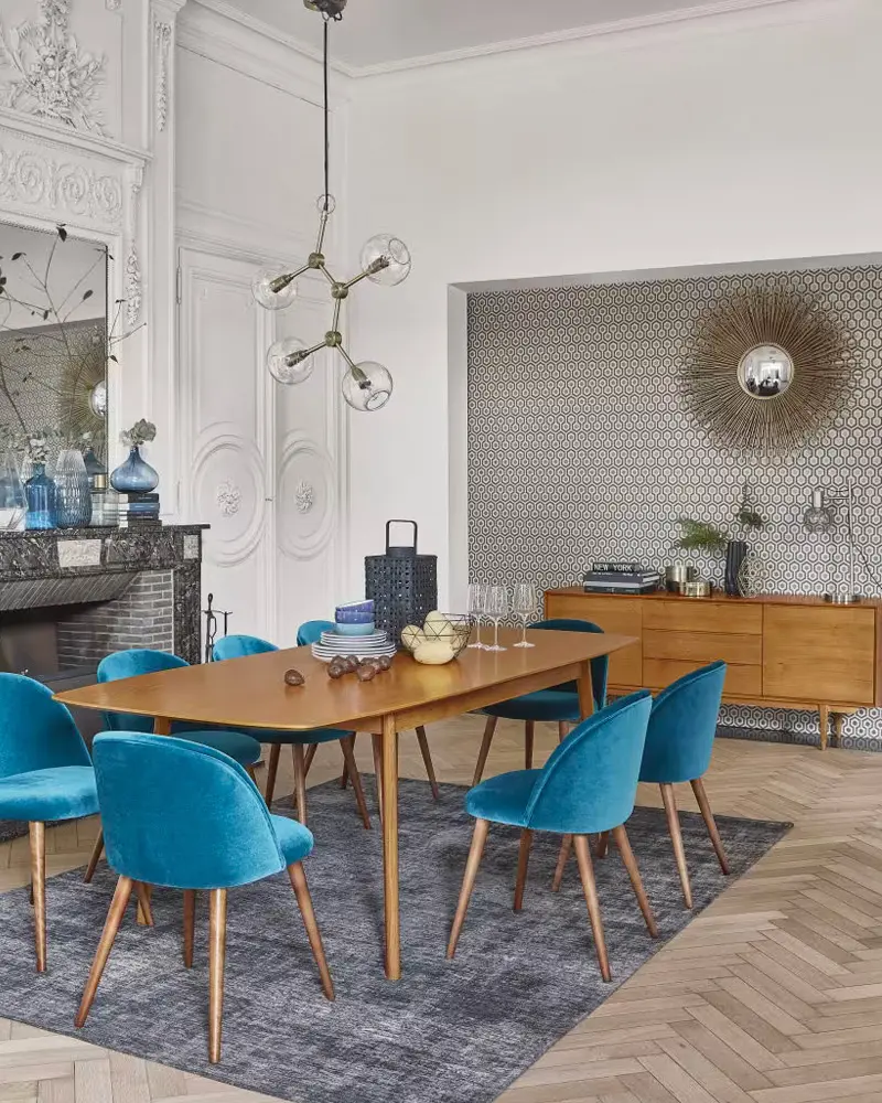 deco salle a manger vintage chaise velours bleu