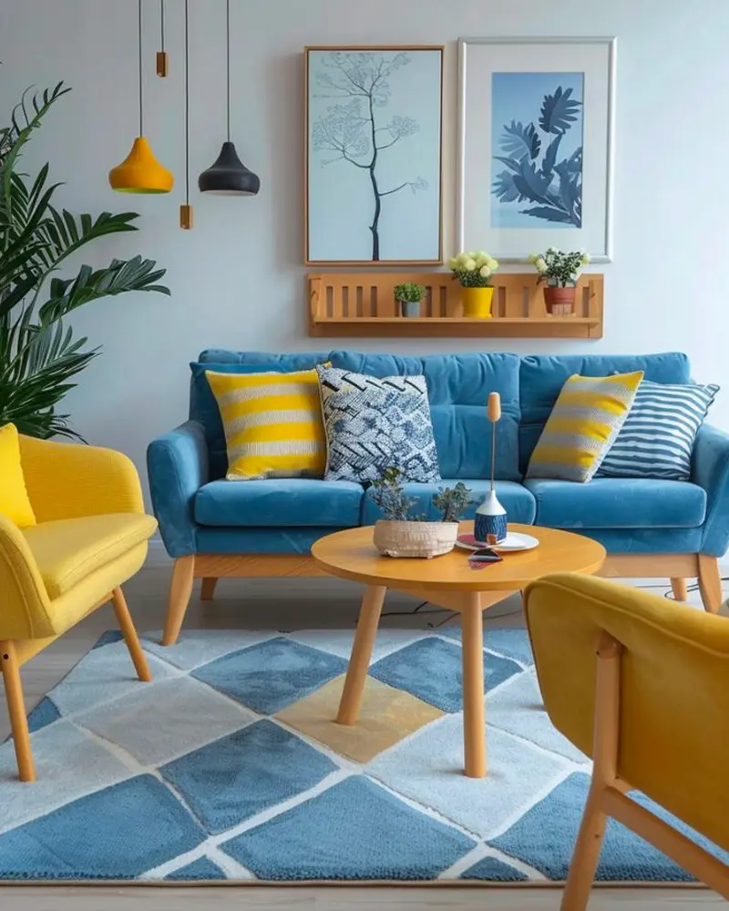 deco salon scandinave jaune bleu bois