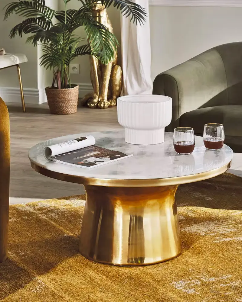 table basse ronde marbre blanc dore
